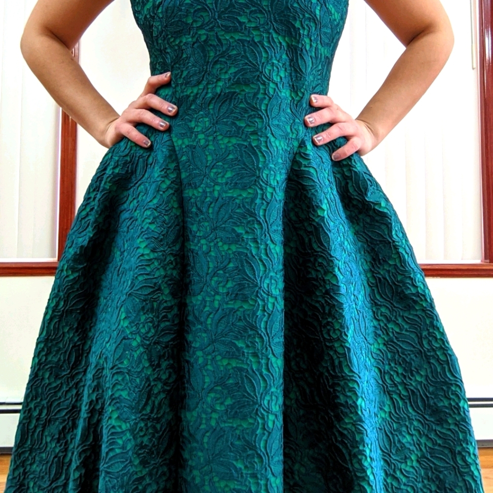 Monique Lhuillier Blue/Green Lace Ballgown